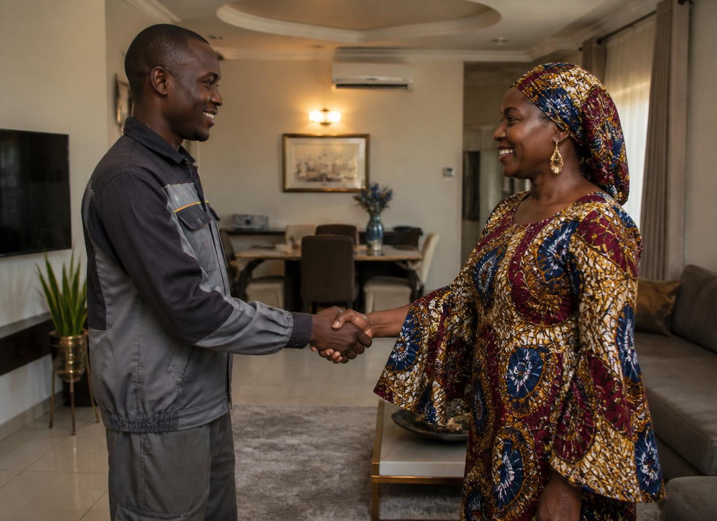 Artisan BAMAPRO'S et client se serrant la main dans un salon à Bamako